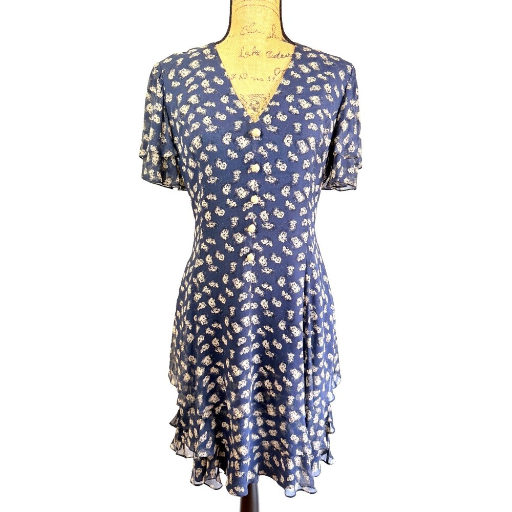 Vintage Rickie Freeman for Teri Jon Navy Floral Tiered Ruffle Silk Dress Sz M
